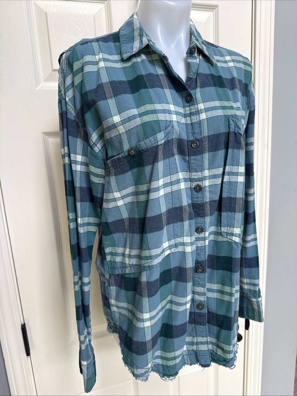 Free People Women Loveland Aqua Plaid Button Up Indie Festival Boho Western M
